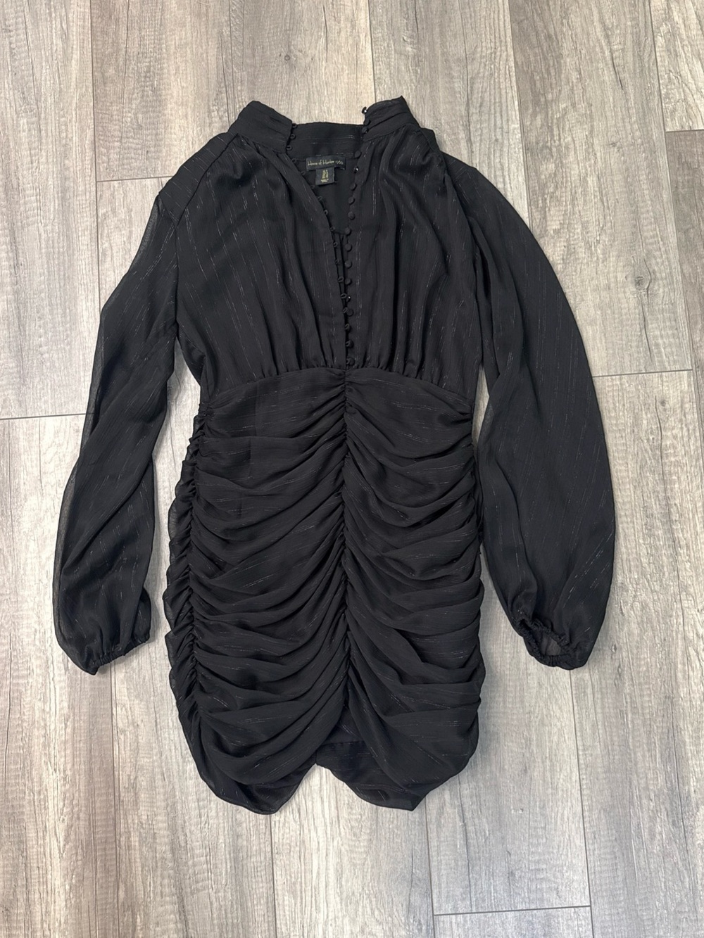 House of Harlow 1960 Black Ruched Long-Sleeve Mini Dress
